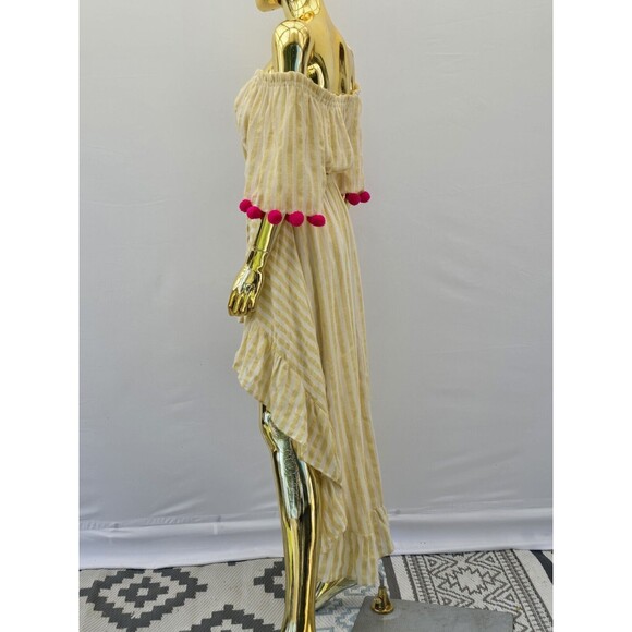 Revolve Sundress Alena High Low Off Shoulder Dress Yellow Stripe Pom Pom M/L - Picture 11 of 14